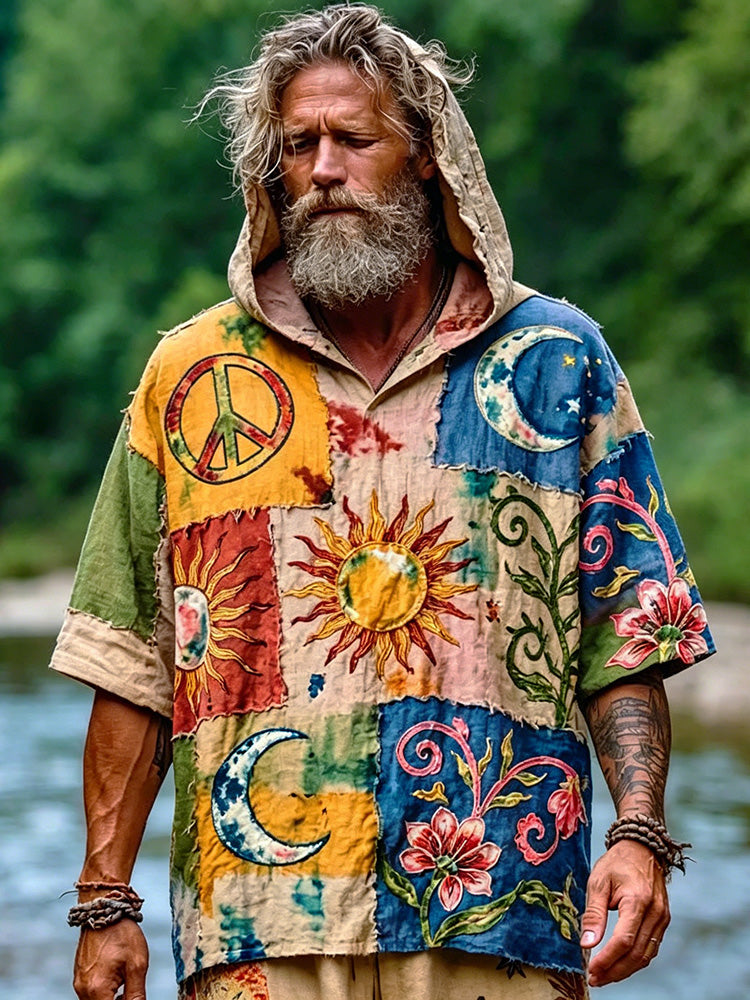 Men's Retro Hippie Art Sun Moon Pattern Casual Cotton Linen Hooded T-shirt