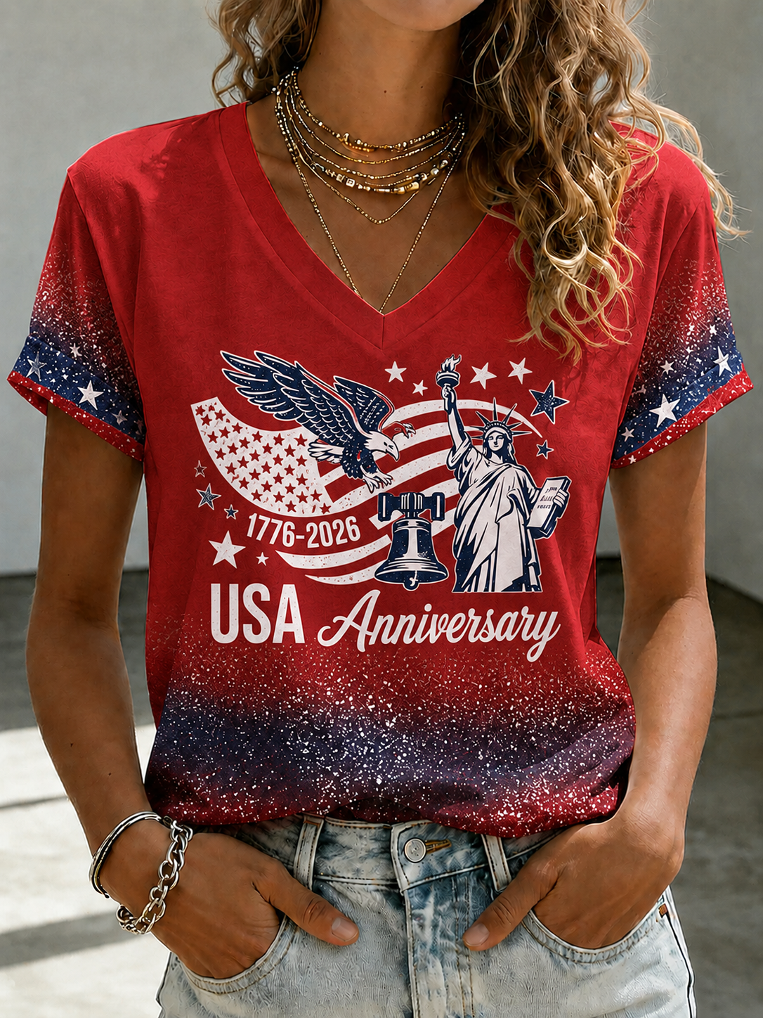 Women'S Retro Flag Art Printed Casual Short Sleeved T-Shirt