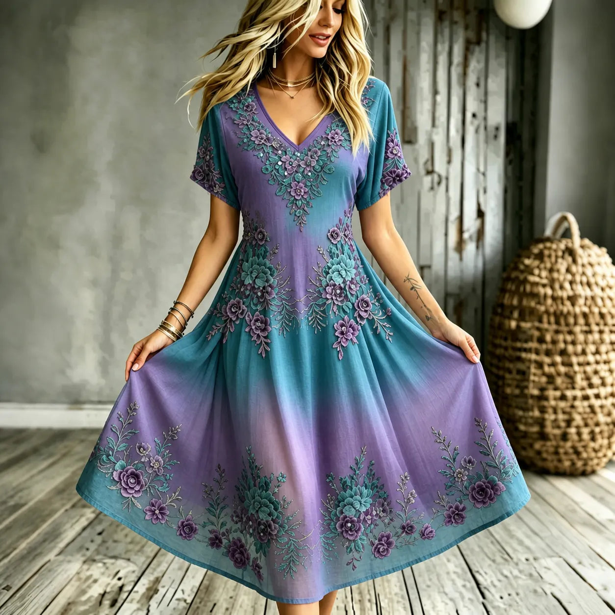 Women's Bohemian Resort Floral V-neck Cotton Linen Dress