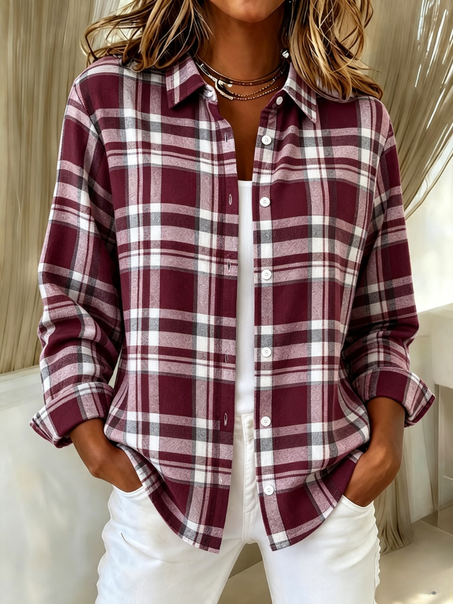 Women's Pink Plaid Print Lapel Long Sleeve Shirt