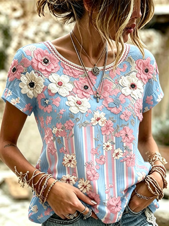 Women'S Casual Pink Floral Print Short-Sleeve Top