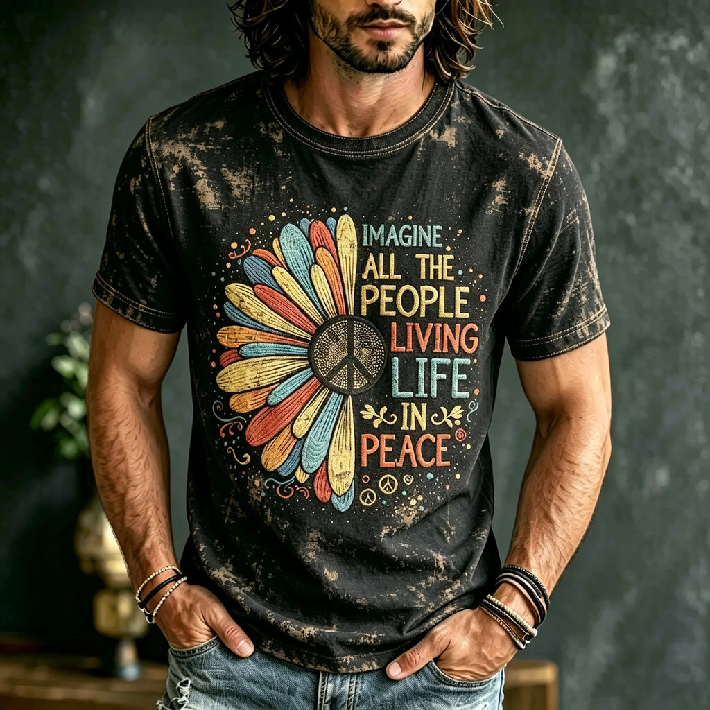 Men's Retro Distressed Hippie Embroidered Print T-shirt