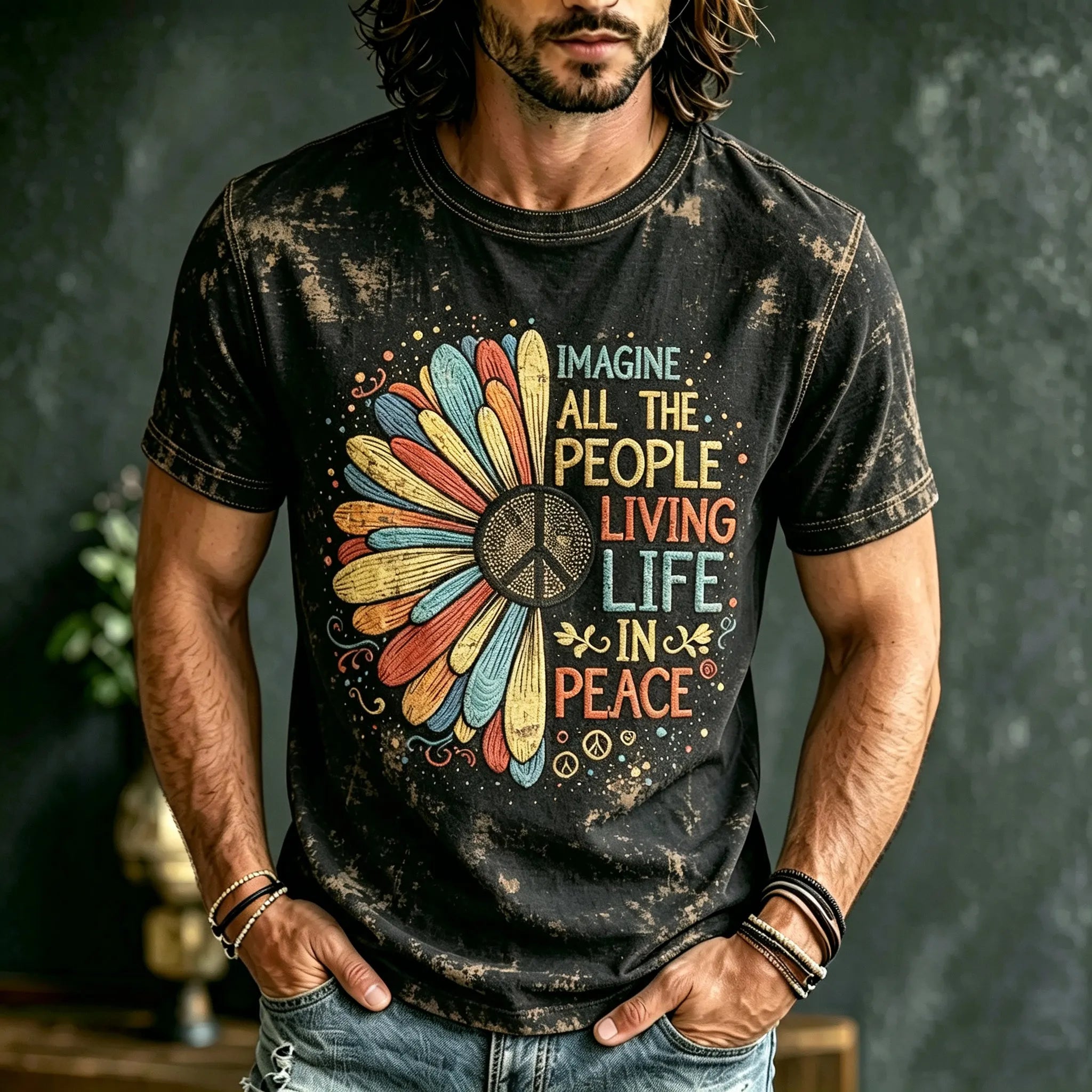Men's Retro Distressed Hippie Embroidered Print T-shirt