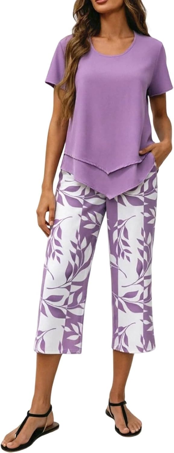 Women's Boho Floral Two Piece Sets Summer - Sleeveless Square Neck Double Layer Top and Wide Leg Pants, Casual Going Out Vacation Outfits