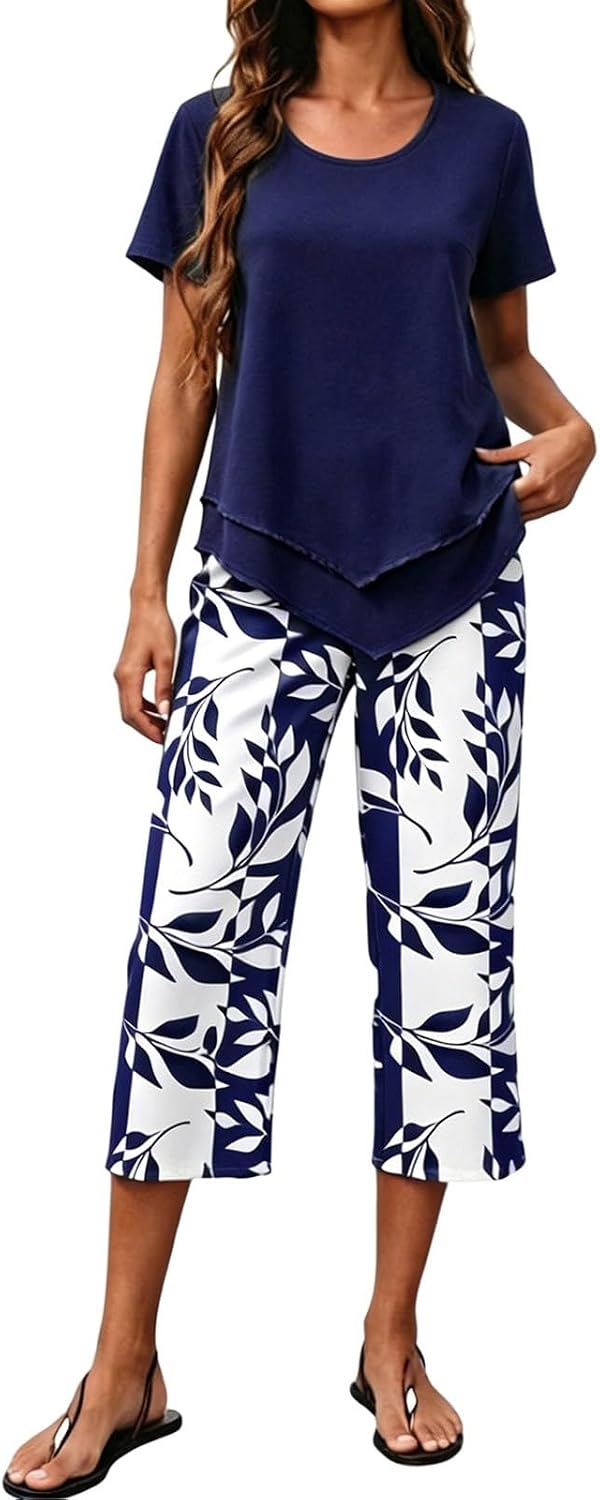 Women's Boho Floral Two Piece Sets Summer - Sleeveless Square Neck Double Layer Top and Wide Leg Pants, Casual Going Out Vacation Outfits