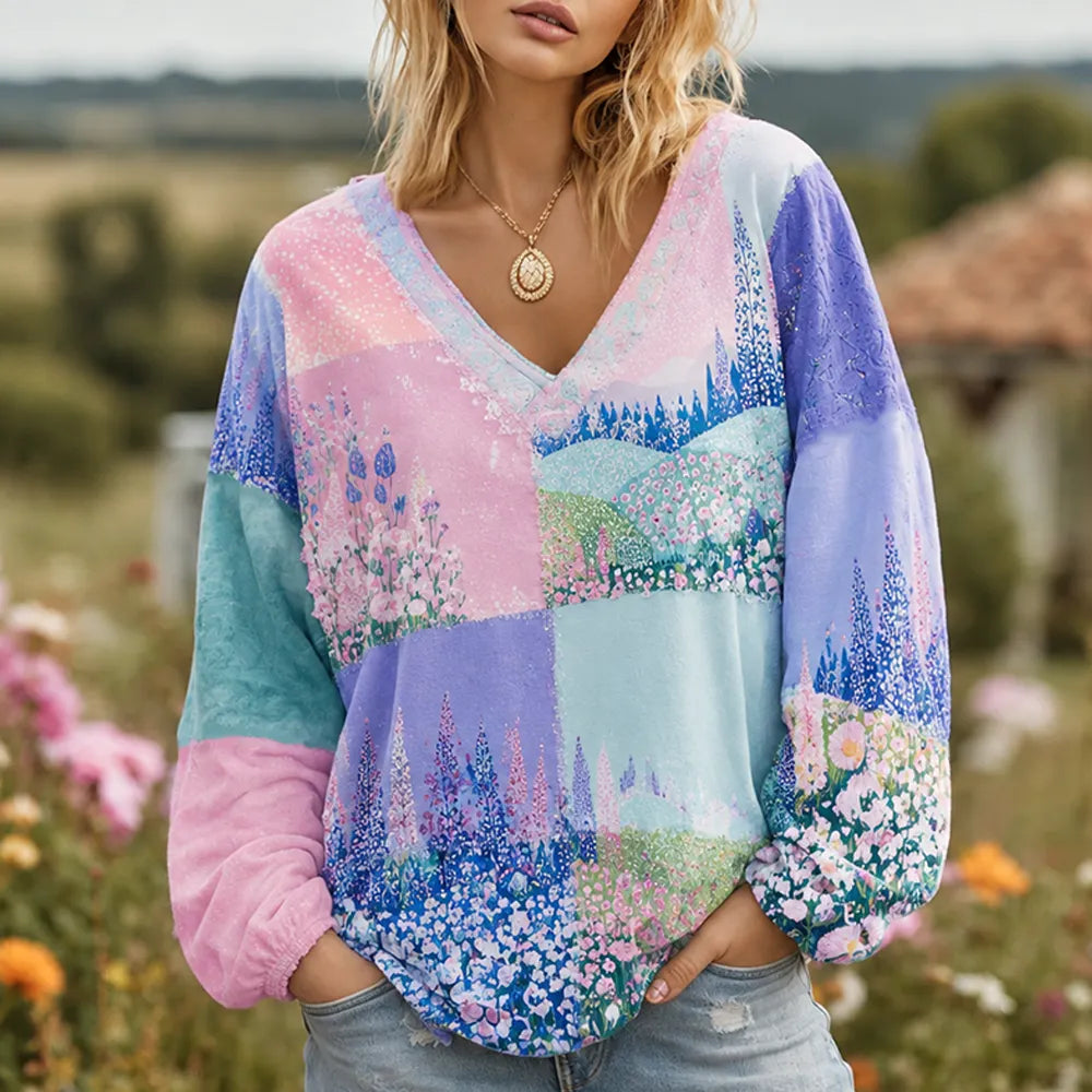 Women's V-neck Long Sleeve Patchwork Top With Artistic Landscape And Pastel Floral Print