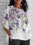 Women's Butterfly Flower Print Round Neck Loose Shirt