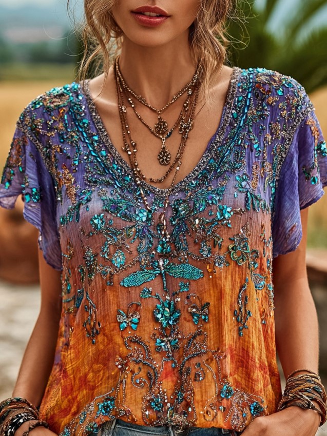 Women's Bohemian-style Floral Dragonfly Print V-neck Short-sleeved Top