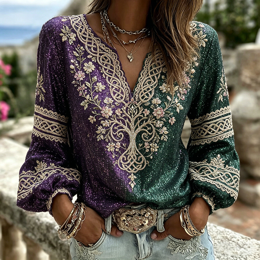 Vintage Viking Tree Of Life And Celtic Knot Color Block Sequin Casual V-neck Top
