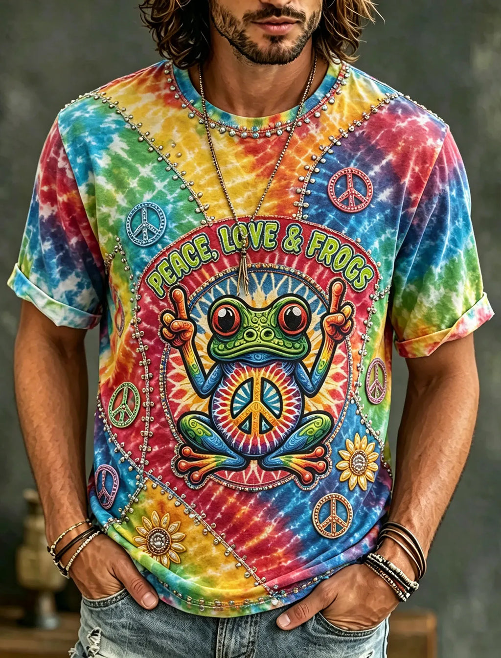 Men's Vintage Hippie Floral And Frog In Patchwork Pattern Art Embroidered T-shirt