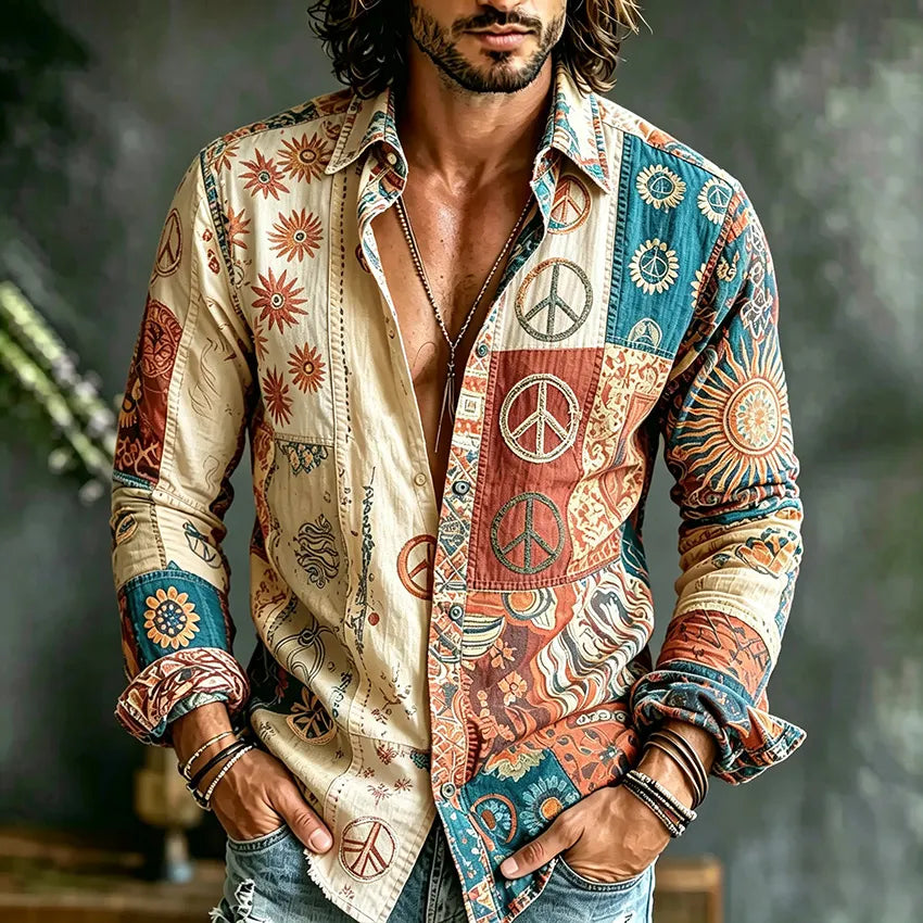 Men's Retro Hippie Peace Logo Color Block Print Casual Shirt