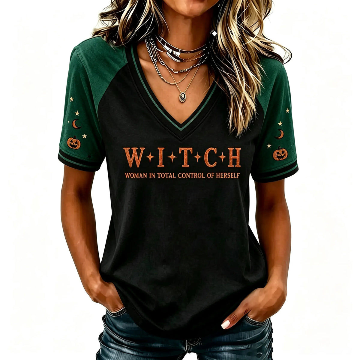 Women's Halloween "woman In Total Control Of Herself" Printed V-neck Short-sleeved T-shirt