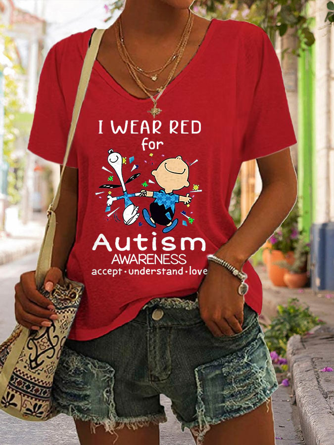 V-neck Autism Awareness I Wear Red For Autism Print T-Shirt
