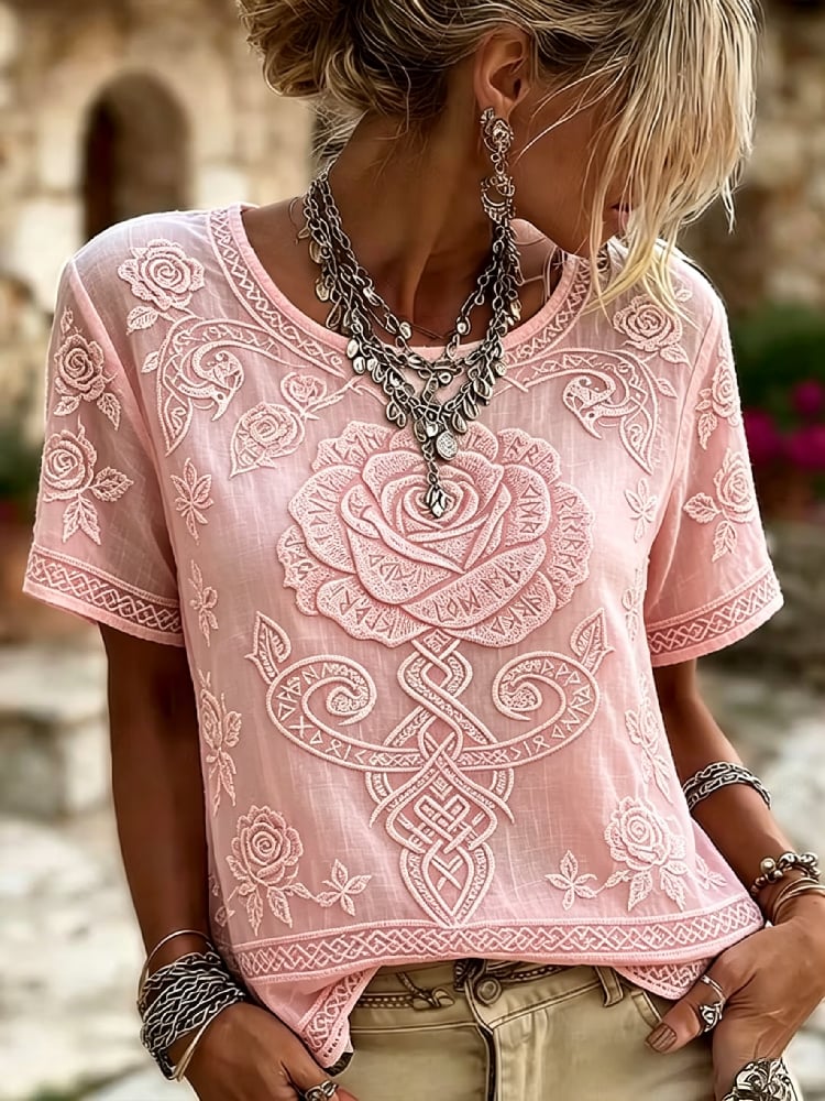 Women's Casual Retro Short-Sleeve Top with Floral Breast Cancer Awareness Print