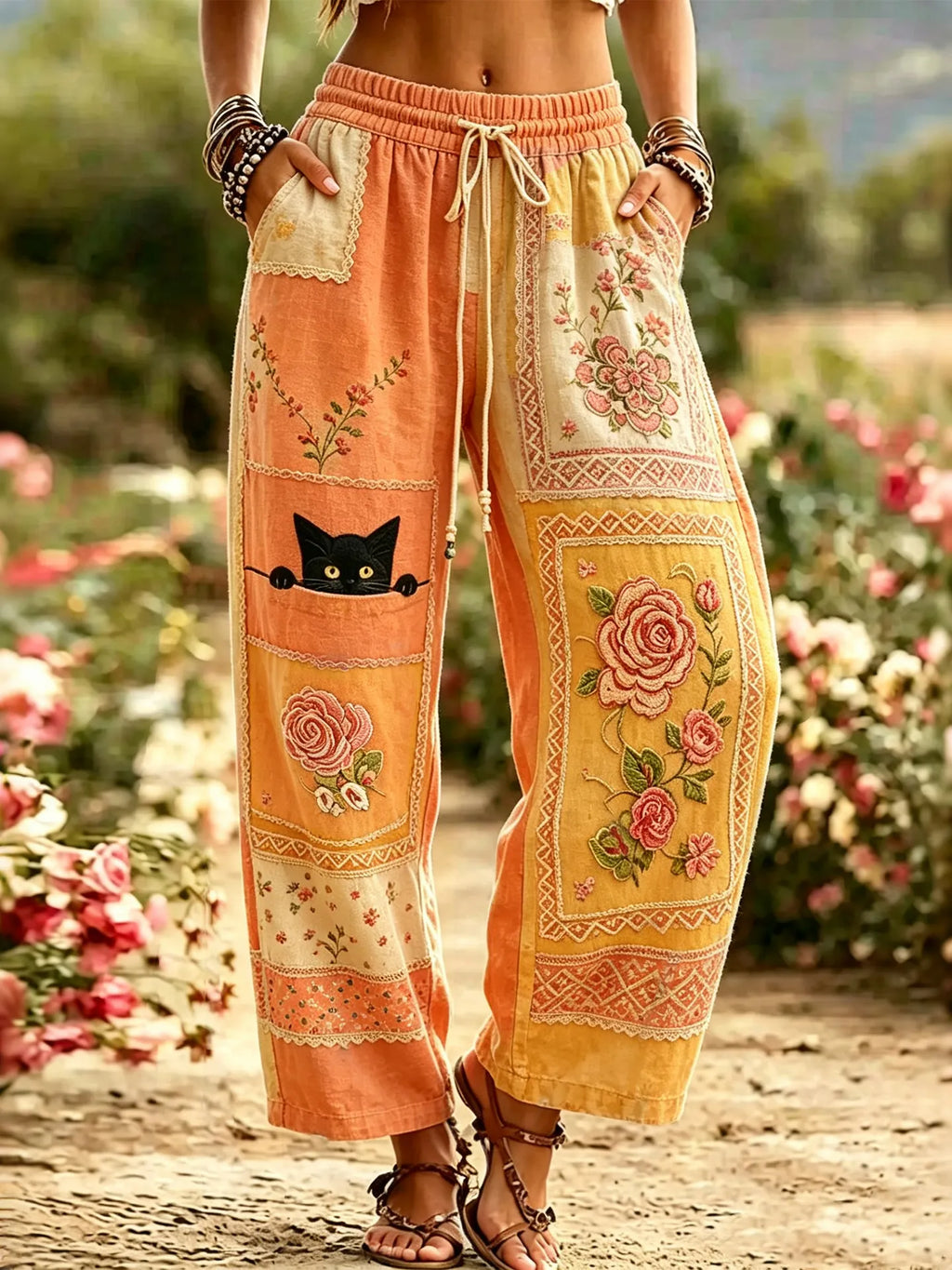 Women's Vintage Floral And Black Cat Art Pattern Casual Linen Pants