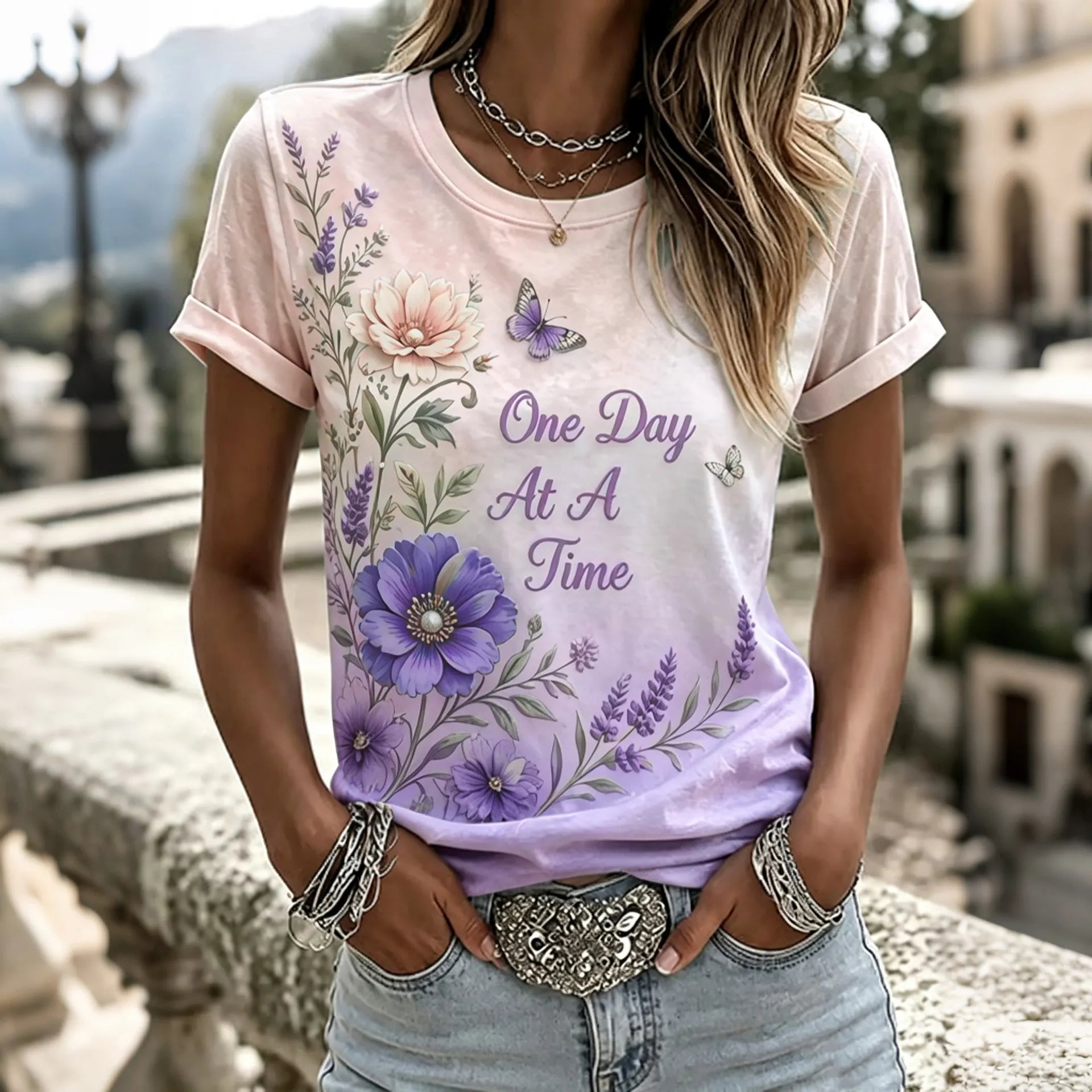 Women's Purple Floral Hummingbird Print Alzheimer's Disease Awareness Casual   T-shirt