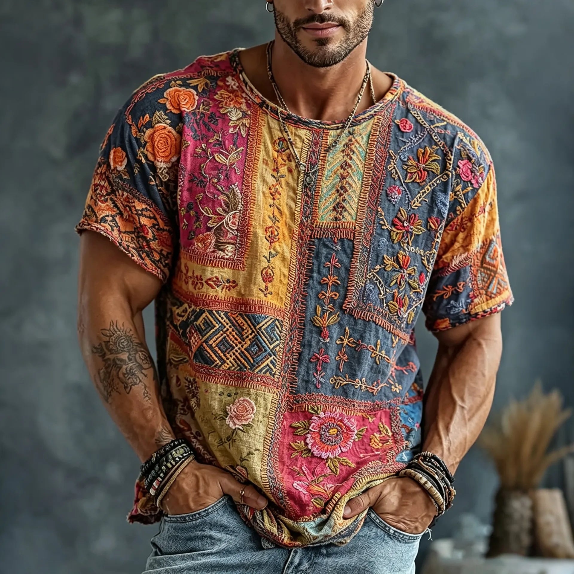 Men's Vintage Floral  Patchwork Embroidered Art Print Flowy Linen Blend Casual Tshirt