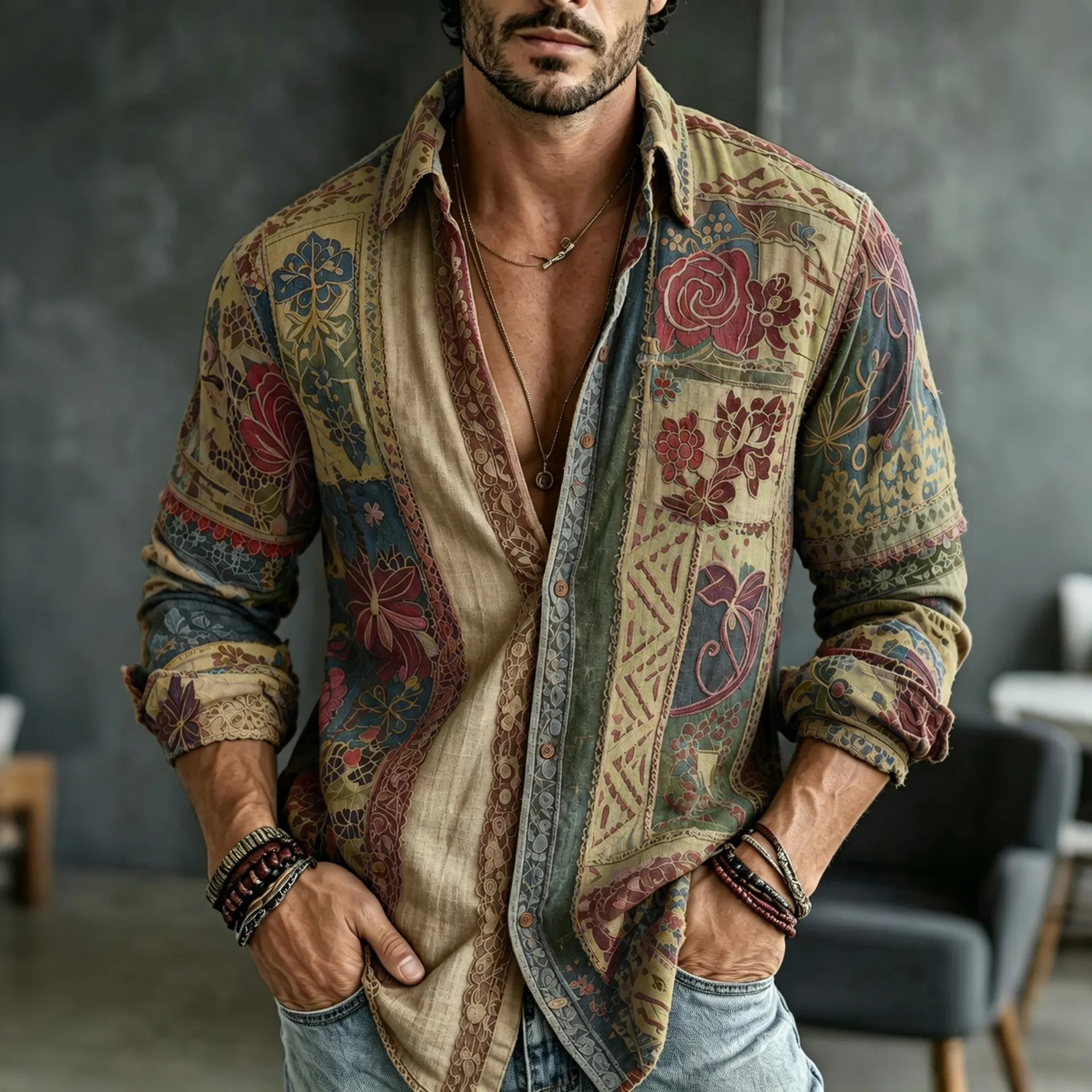 Men's Retro Floral  Patchwork Embroidered Art Print Flowy Linen Blend Casual Shirt