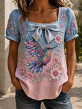 Women'S Pink Floral Hummingbird Print Top