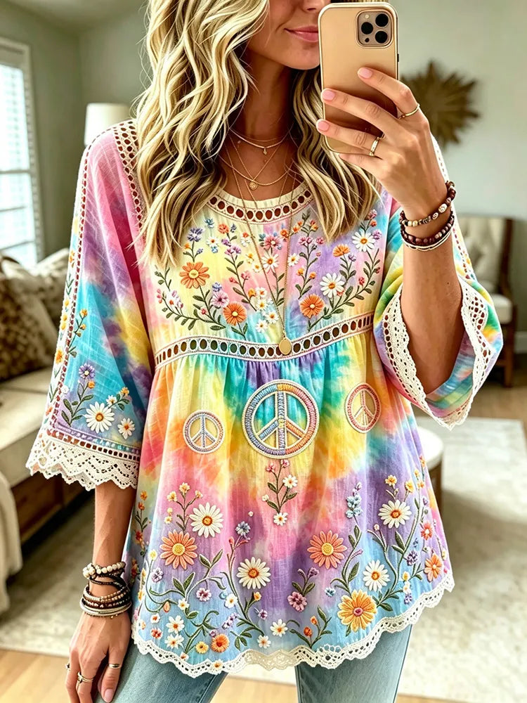 Women's Retro Peace Symbol Casual Crew Neck Cotton Linen T-shirt