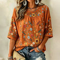 Women's Floral Art Print Flowy Linen Blend Linen Blend Three-quarter Sleeve Casual Tops