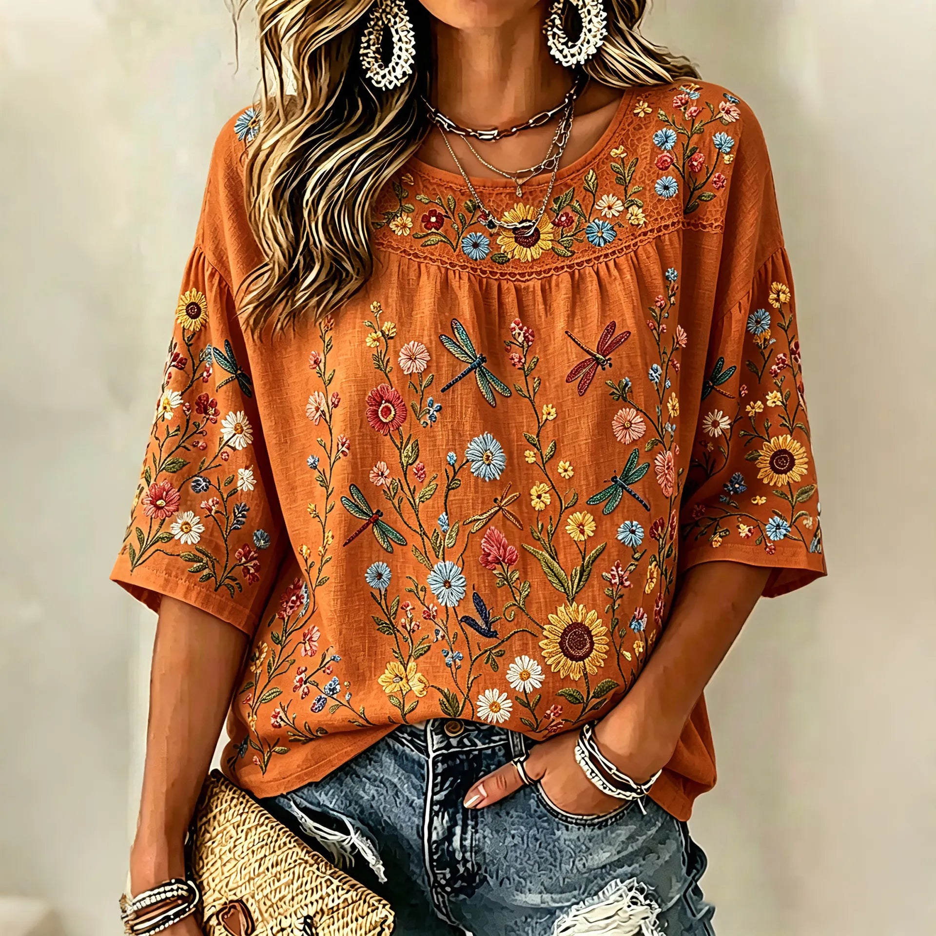 Women's Floral Art Print Flowy Linen Blend Linen Blend Three-quarter Sleeve Casual Tops