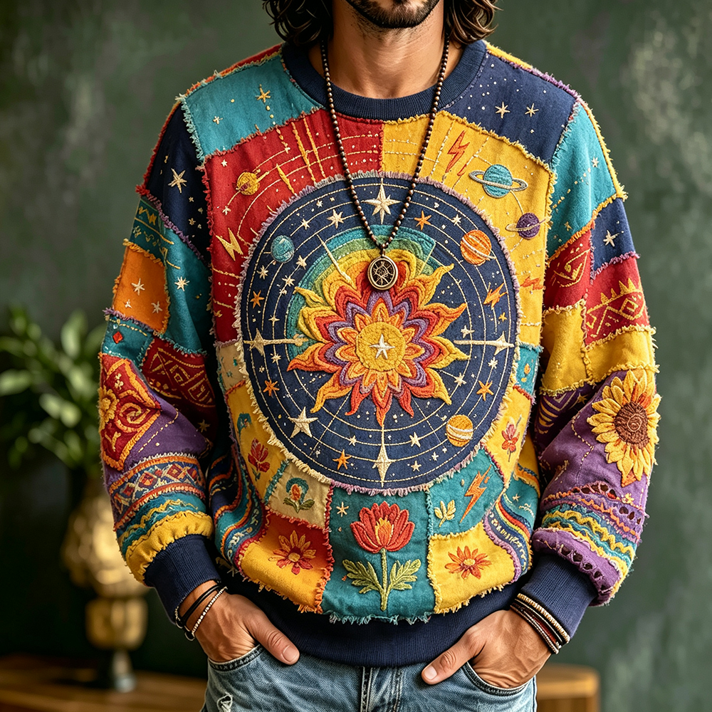 Men's Boho Patchwork Crewneck Sweatshirt With Celestial Sun And Sunflower Embroidery