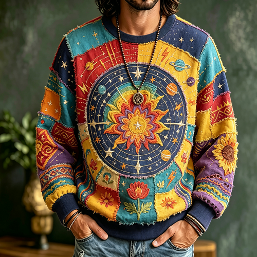 Men's Boho Patchwork Crewneck Sweatshirt With Celestial Sun And Sunflower Embroidery