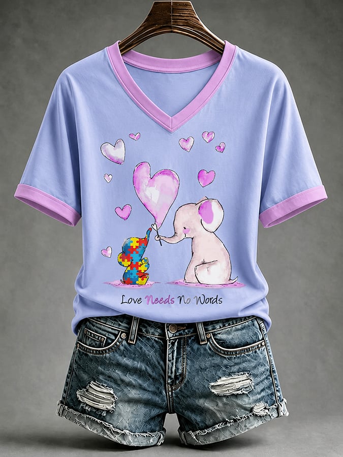 Women'S Casual V-Neck Top With Autism Awareness Print