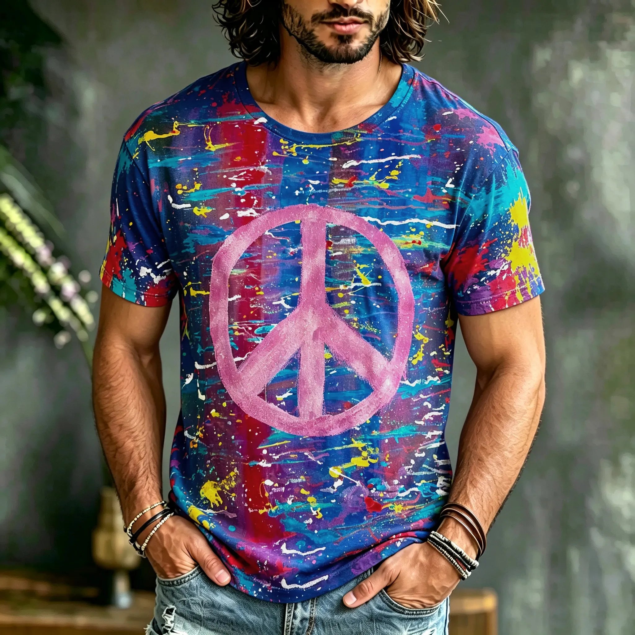 Men's Retro Hippie Style Peace Logo Art Print Casual T-shirt