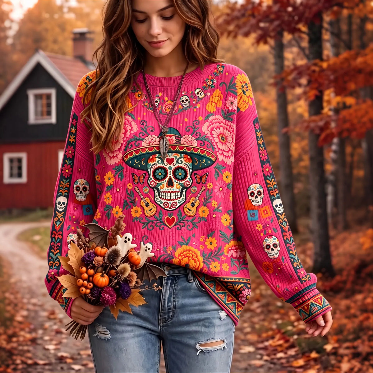 Women's Day Of The Dead Sugar Skull Floral Print Crew Neck Knit Sweater