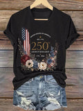 250th Anniversary 1776-2026 Pattern Print V Neck Casual T-Shirt