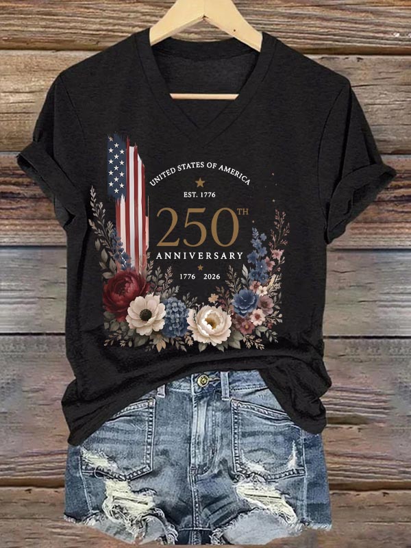 250th Anniversary 1776-2026 Pattern Print V Neck Casual T-Shirt