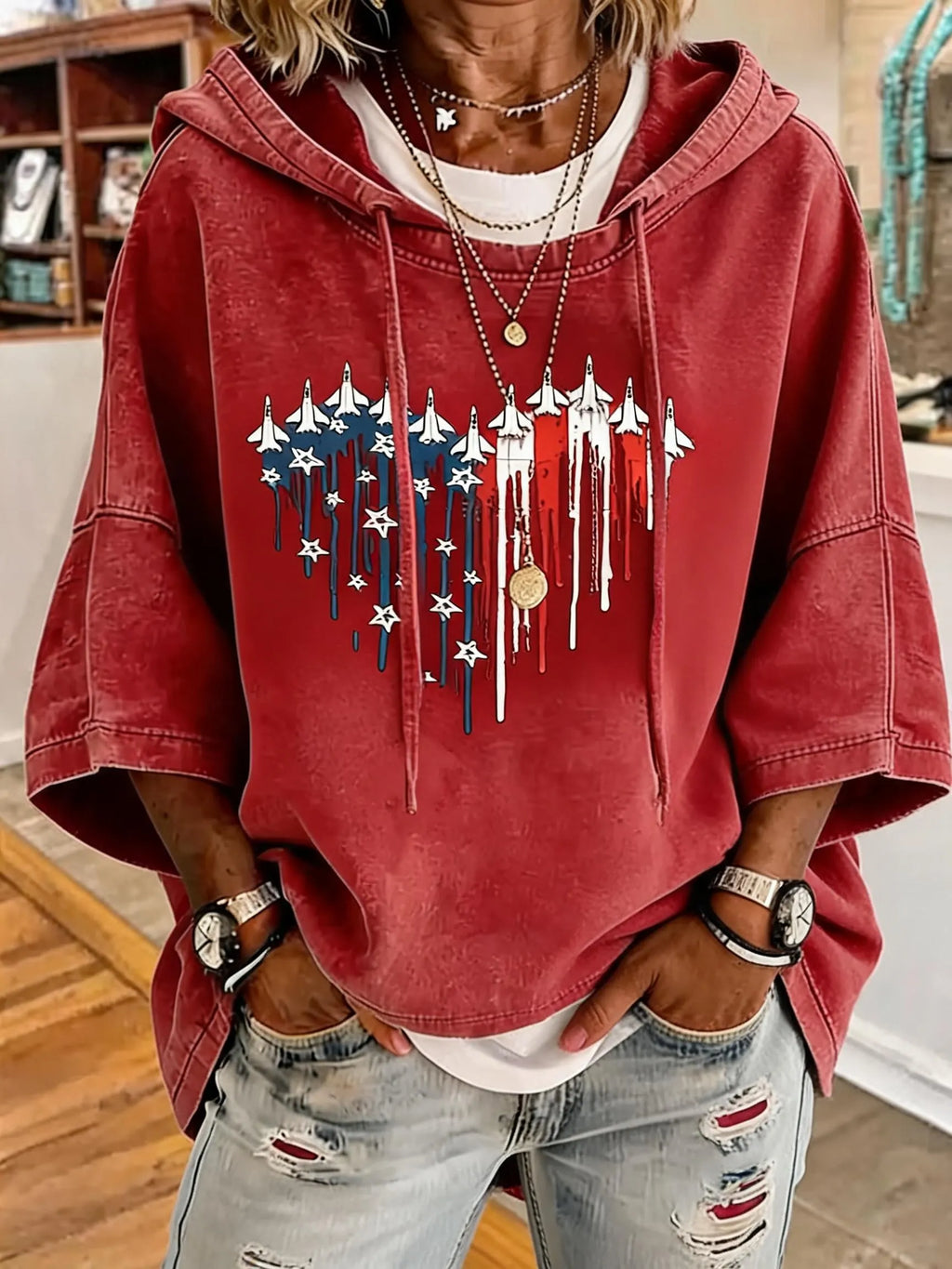 Patriotic Jet Pattern Oversized Hoodie