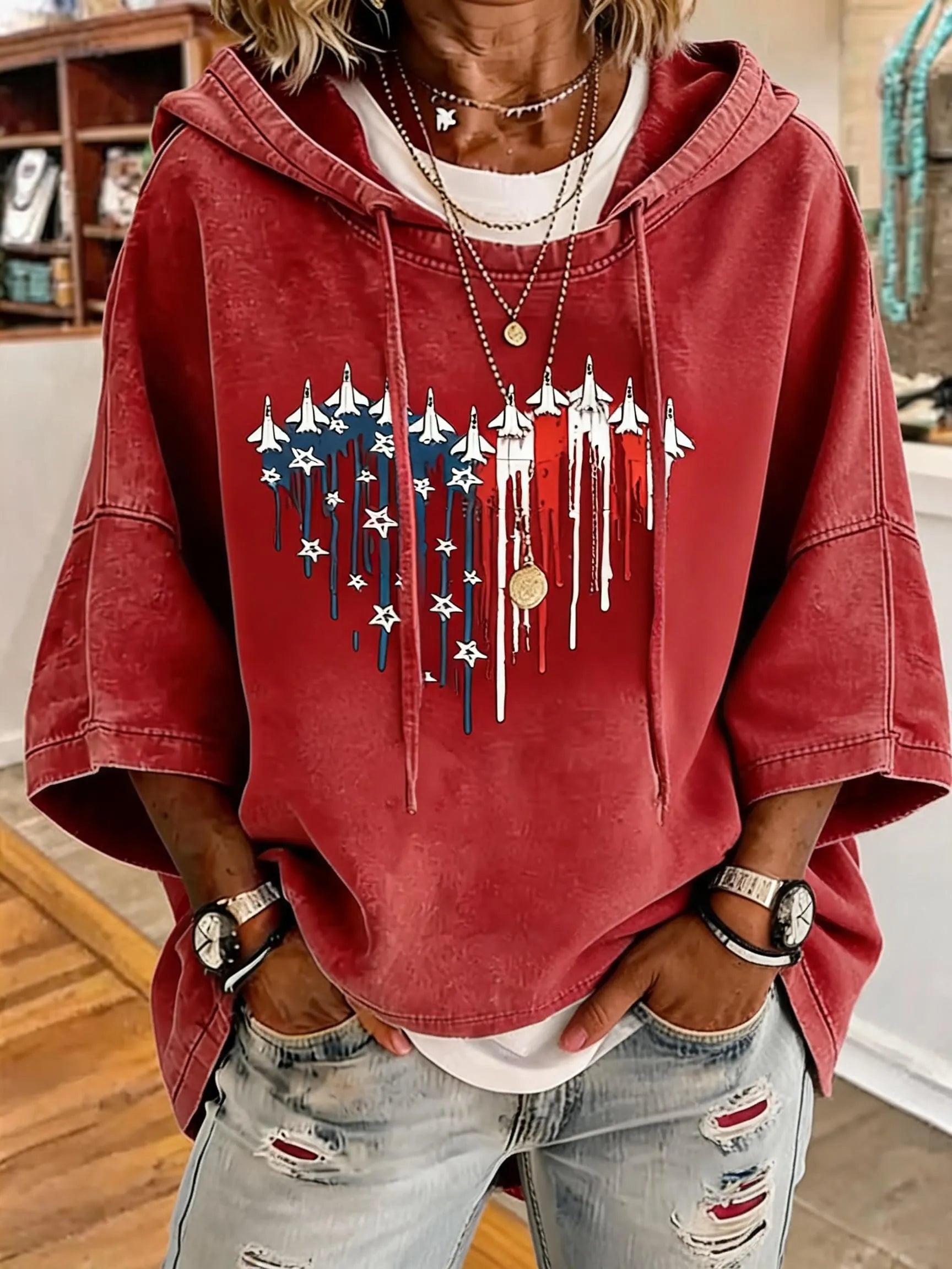Patriotic Jet Pattern Oversized Hoodie