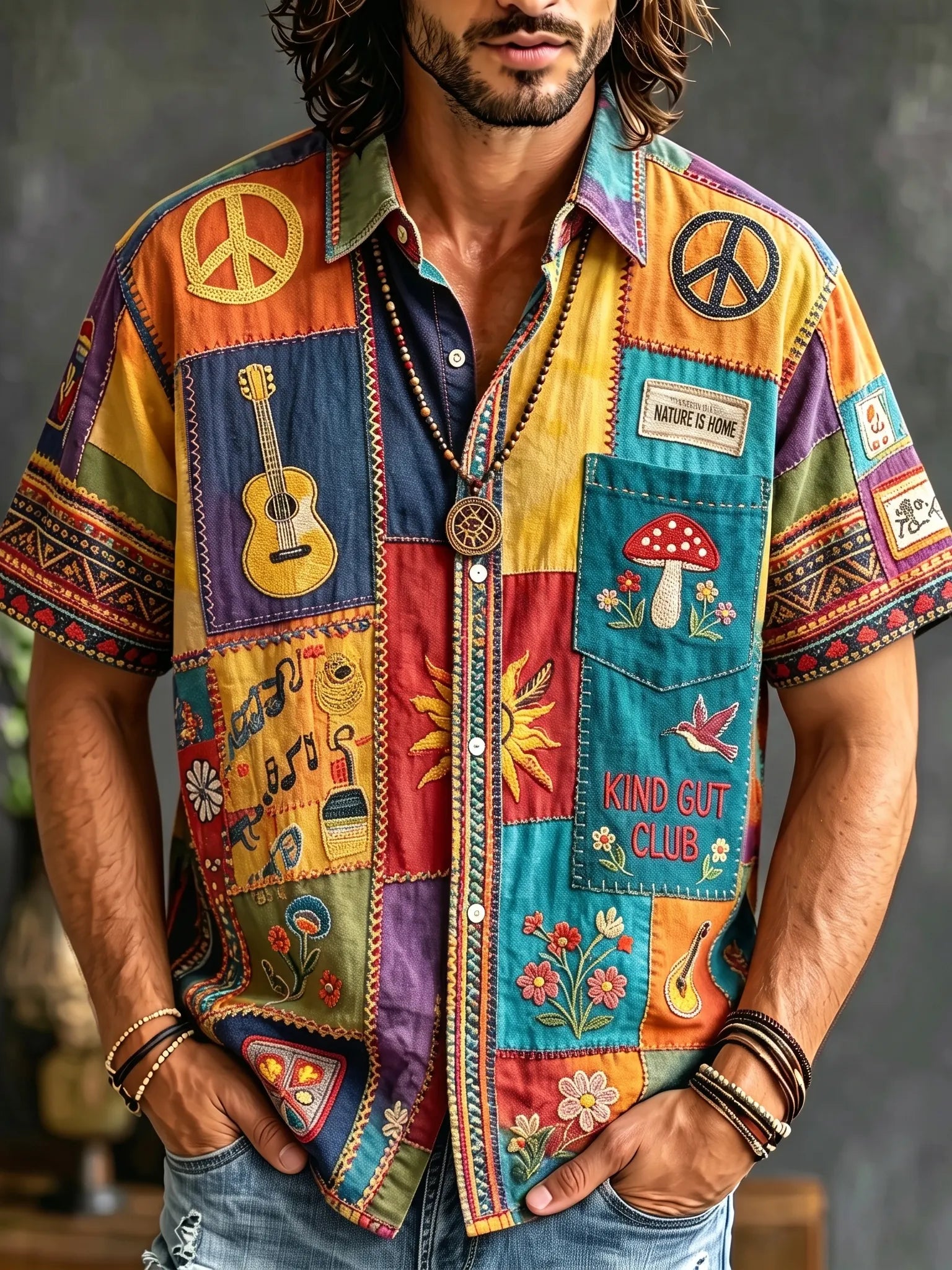 Men's Peace Sign And Guitar Hippie Patchwork Print Casual Shirt