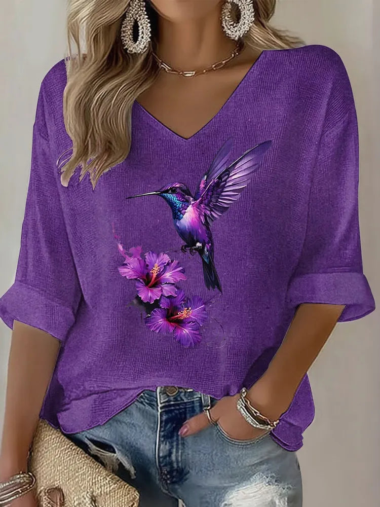 Women's Purple Floral And Hummingbird Embroidery Casual T-shirt