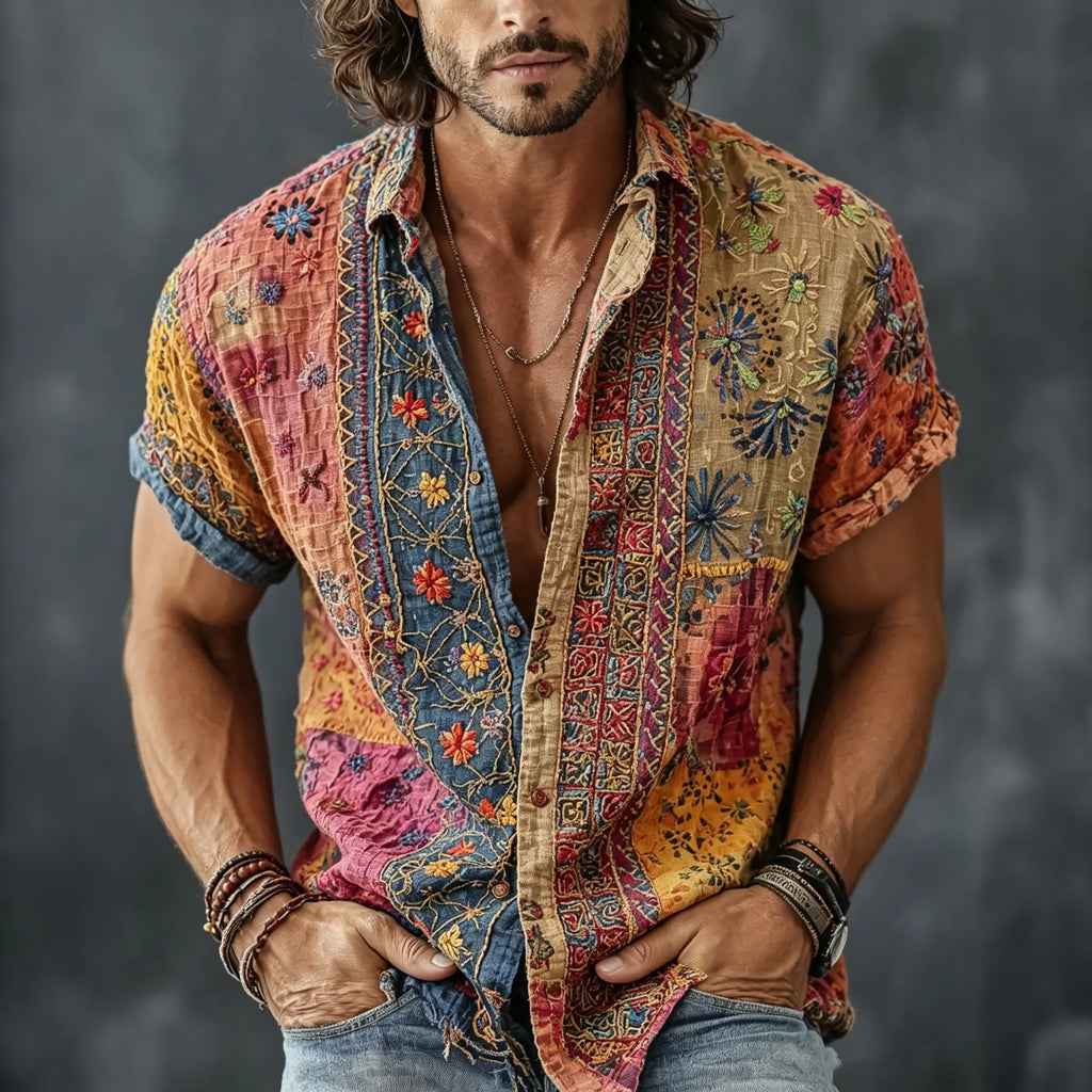 Men's Vintage Floral Patchwork Embroidered Art Print Flowy Linen Blend Casual Shirts