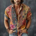 Men's Vintage Floral Patchwork Embroidered Art Print Flowy Linen Blend Casual Shirts