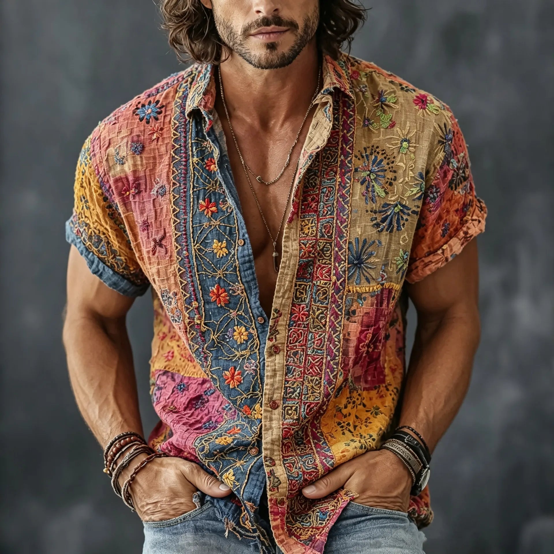 Men's Vintage Floral Patchwork Embroidered Art Print Flowy Linen Blend Casual Shirts