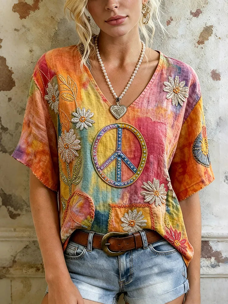 Women's Vintage Hippie Peace Floral Gradient Art Linen Blend Short Sleeve Tops