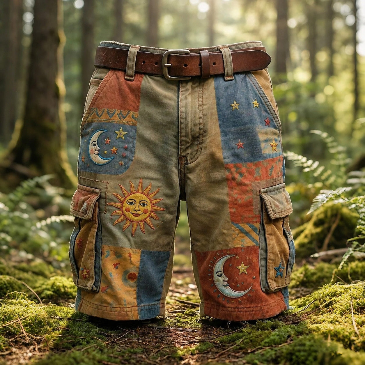 Men's Patchwork Sun Moon Star Boho Art Print Denim-like Cargo Shorts(no Belt)