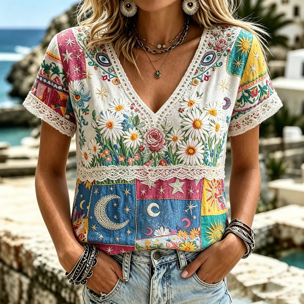 Women's Vintage Hippie Floral And Stars Pattern Art Embroidered Linen Blend V Neck Shirts