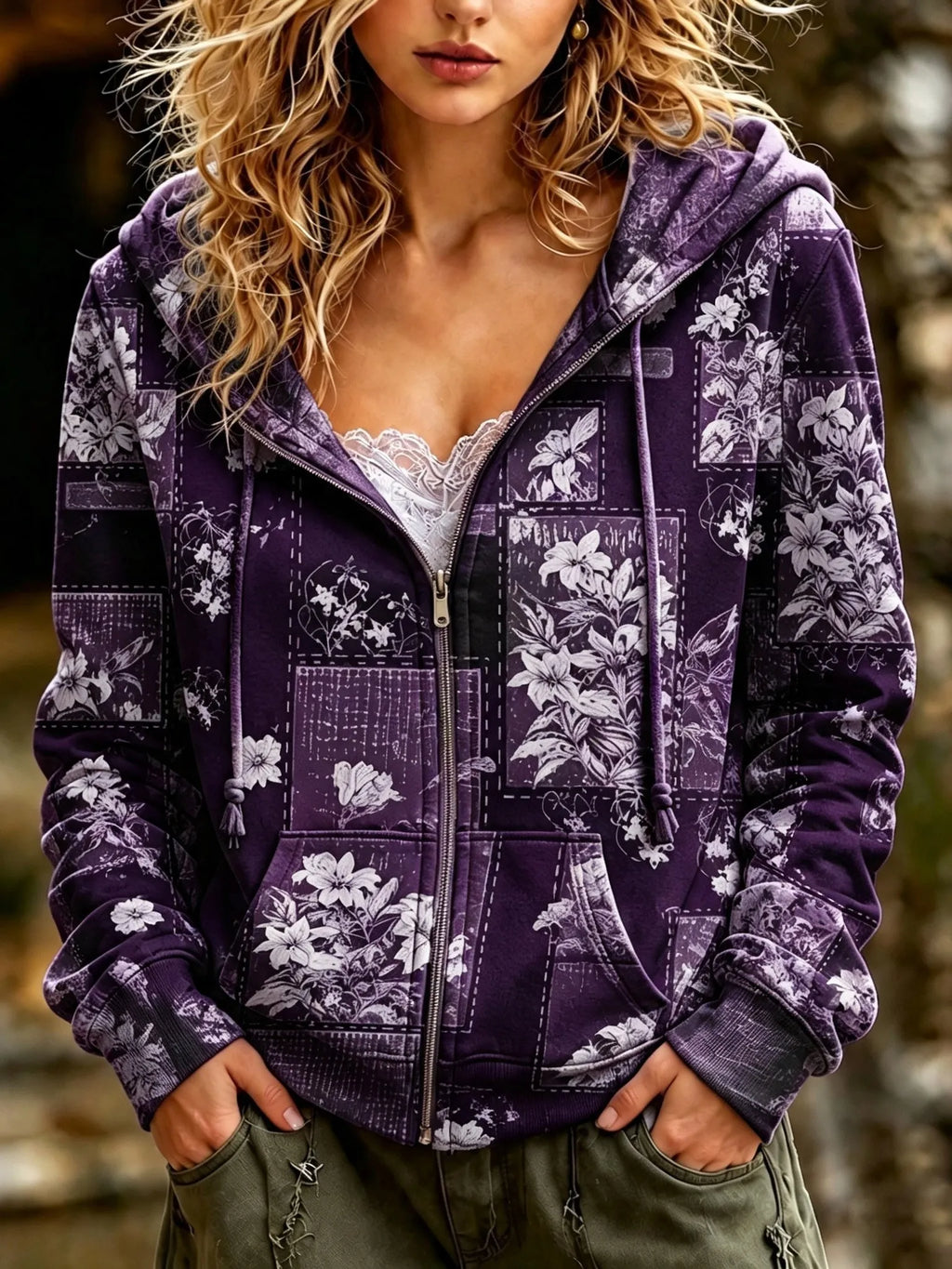 Women's Retro Bohemian Japanese Art Floral Pattern Patchwork Print Sweatshirt Jacket