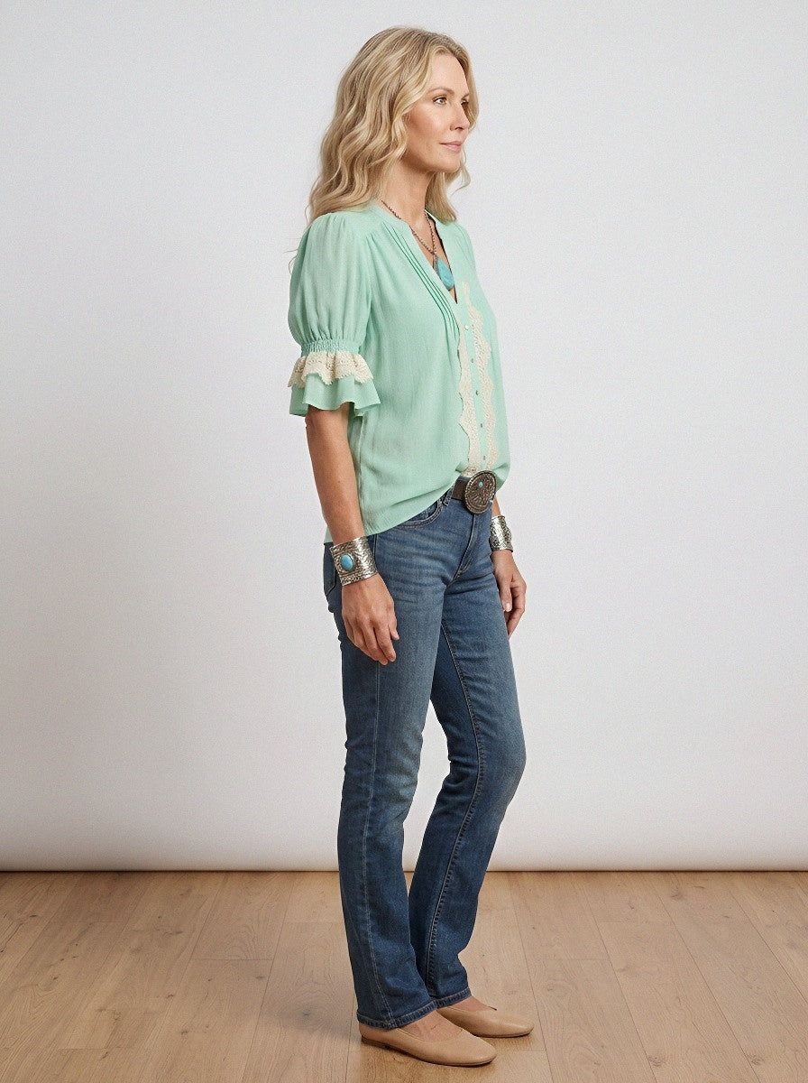 Women's Western Vintage Lace Trim Puff Sleeve Blouse