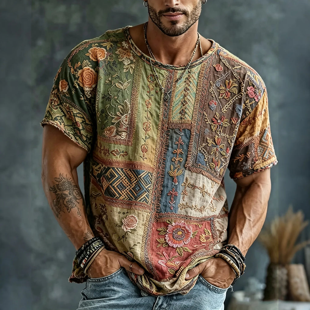 Men's Vintage Floral  Patchwork Embroidered Art Print Flowy Linen Blend Casual Tshirt