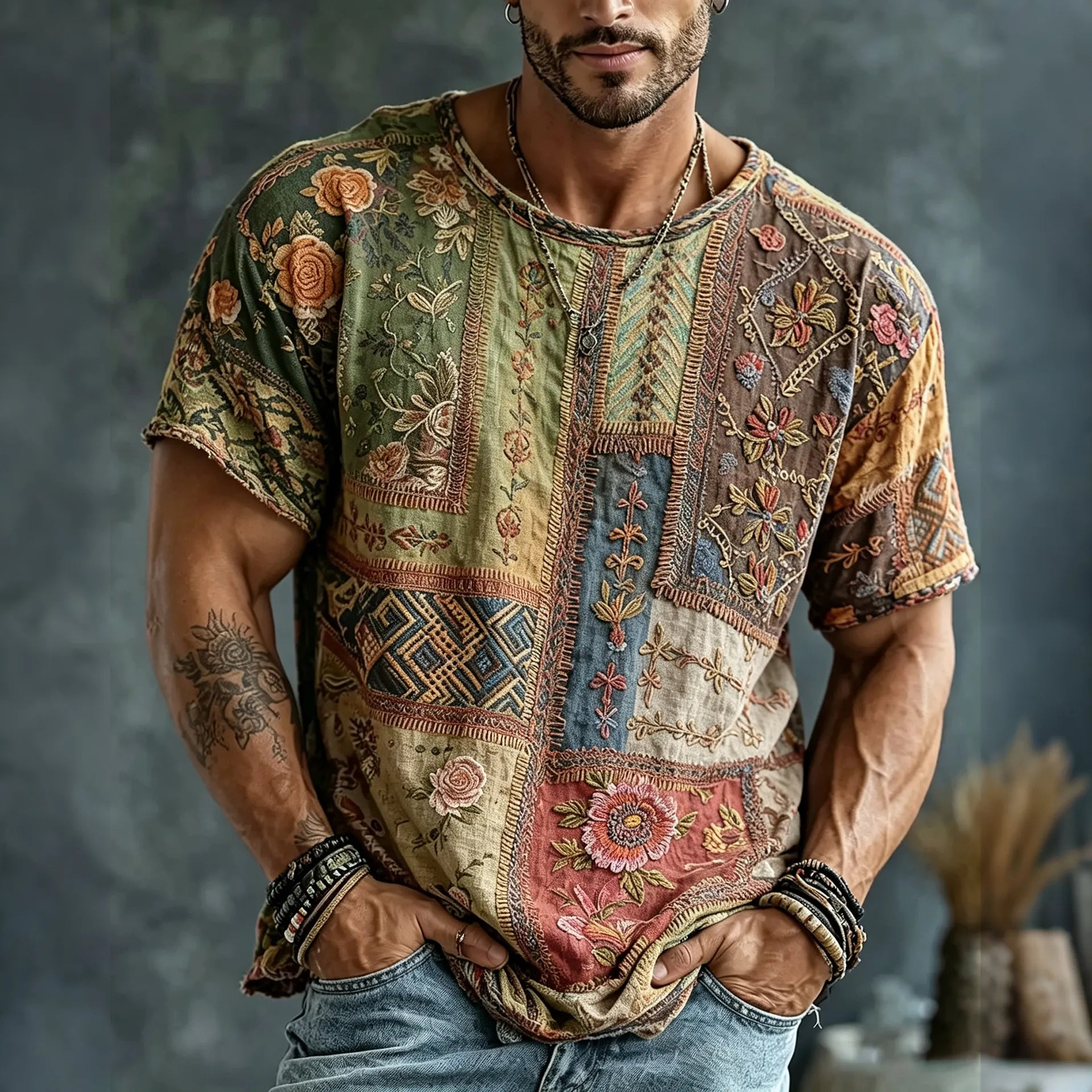 Men's Vintage Floral  Patchwork Embroidered Art Print Flowy Linen Blend Casual Tshirt