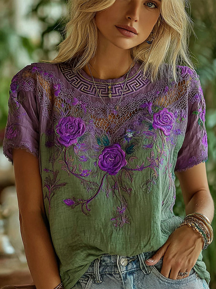 Women's Vintage Purple Floral Casual T-shirt
