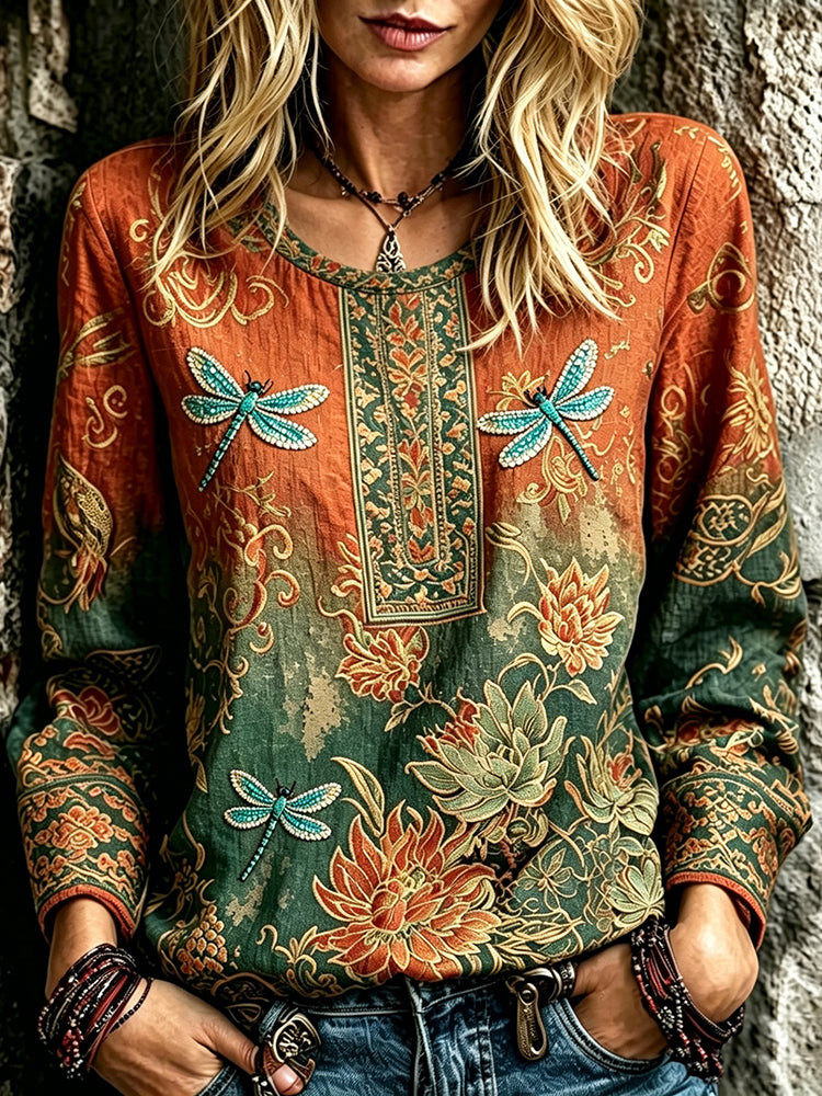 Women's Hippie Dragonfly Pattern Art Embroidered Linen Blend Shirts