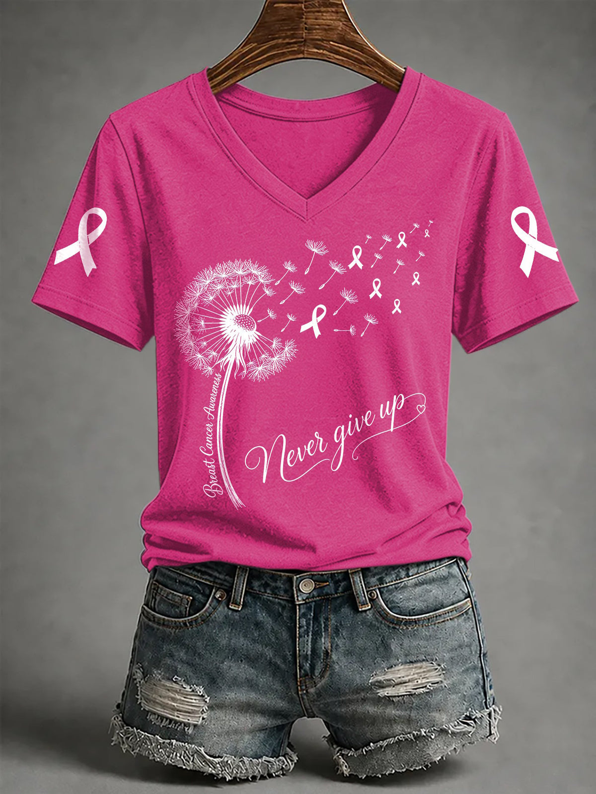 V-Neck Retro Breast Cancer Awareness Dandelion Never Give Up Pink Ribbon Print T-Shirt